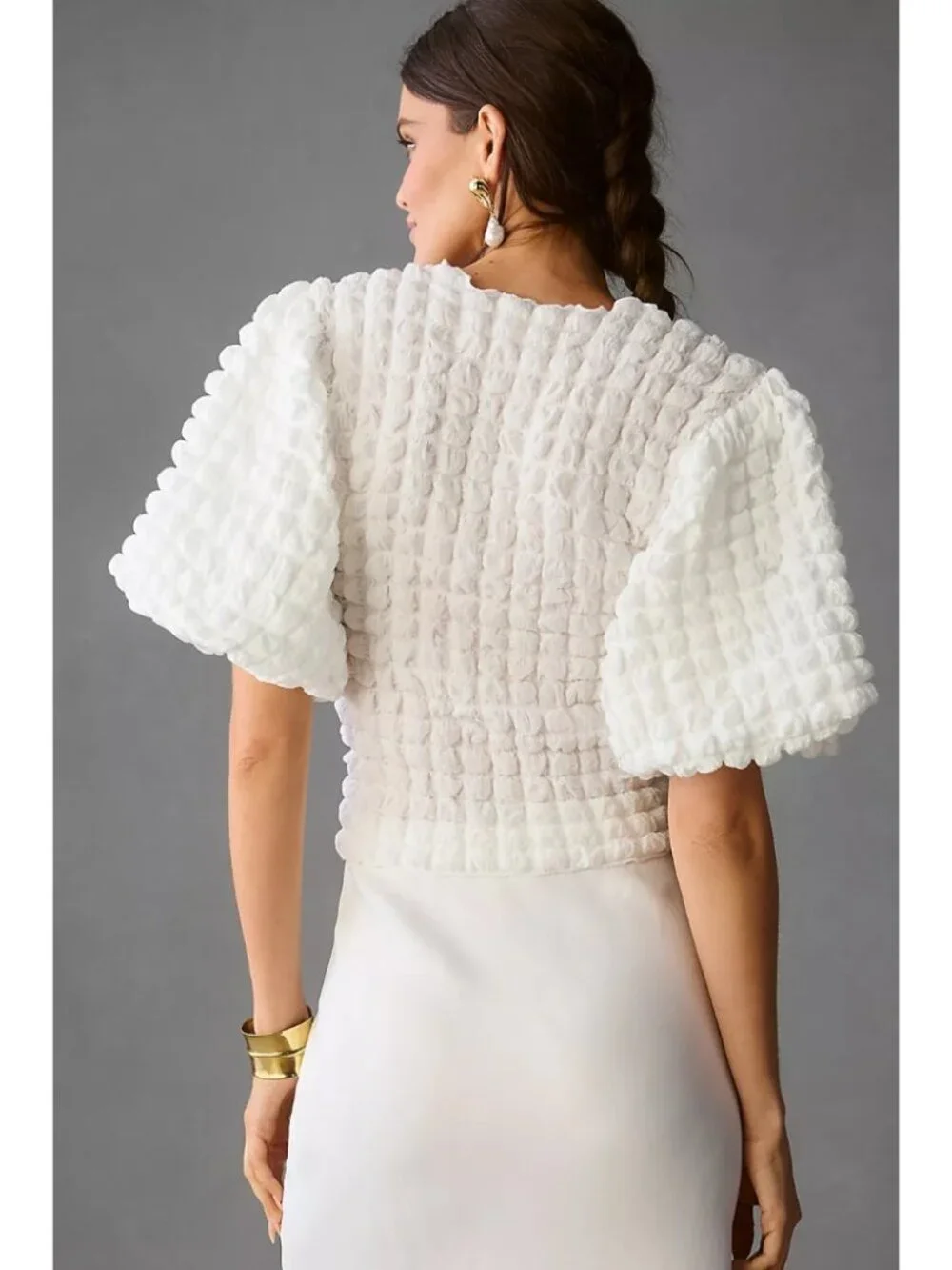 Eri + Ali Textured Puff-Sleeve Top White Textured Bubble Smocked Fitted Size S